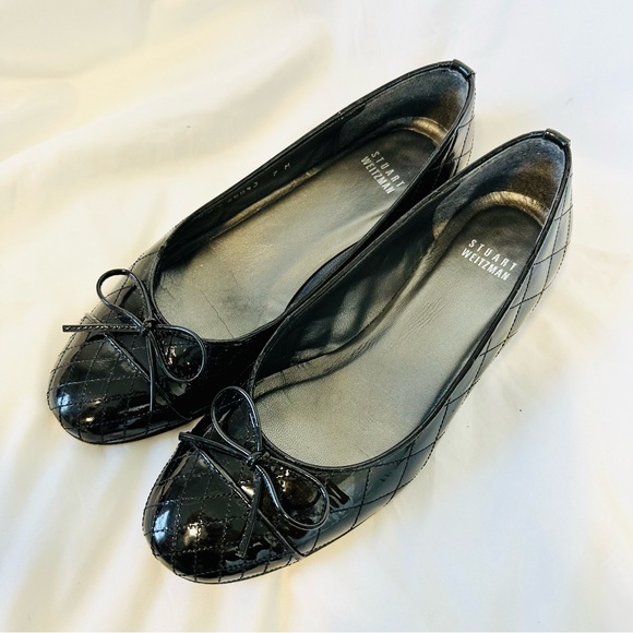 Stuart Weitzman bow quilted patent leather ballerina black flats Quilty - Picture 8 of 15
